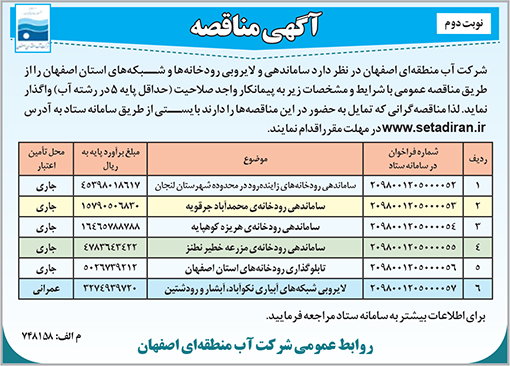 آگهی مناقصه شرکت آب منطقه ای اصفهان