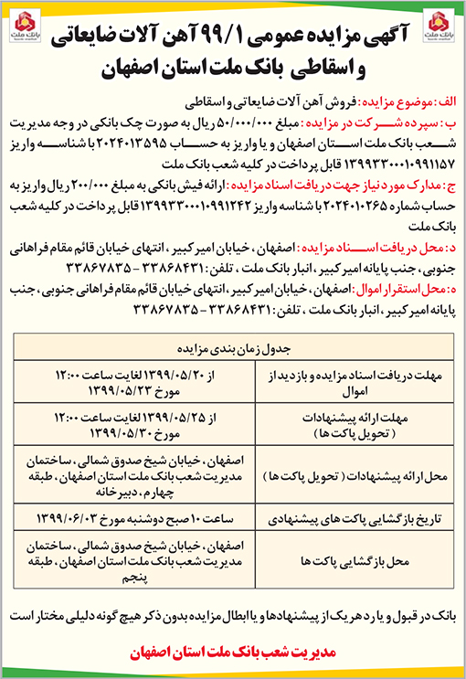 آگهی مزایده بانک ملت استان اصفهان