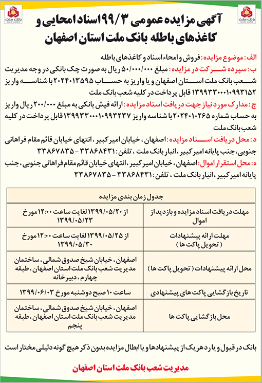 آگهی مزایده بانک ملت استان اصفهان