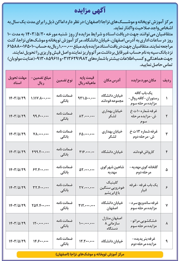 آگهی مزایده آموزشگاه توپخانه